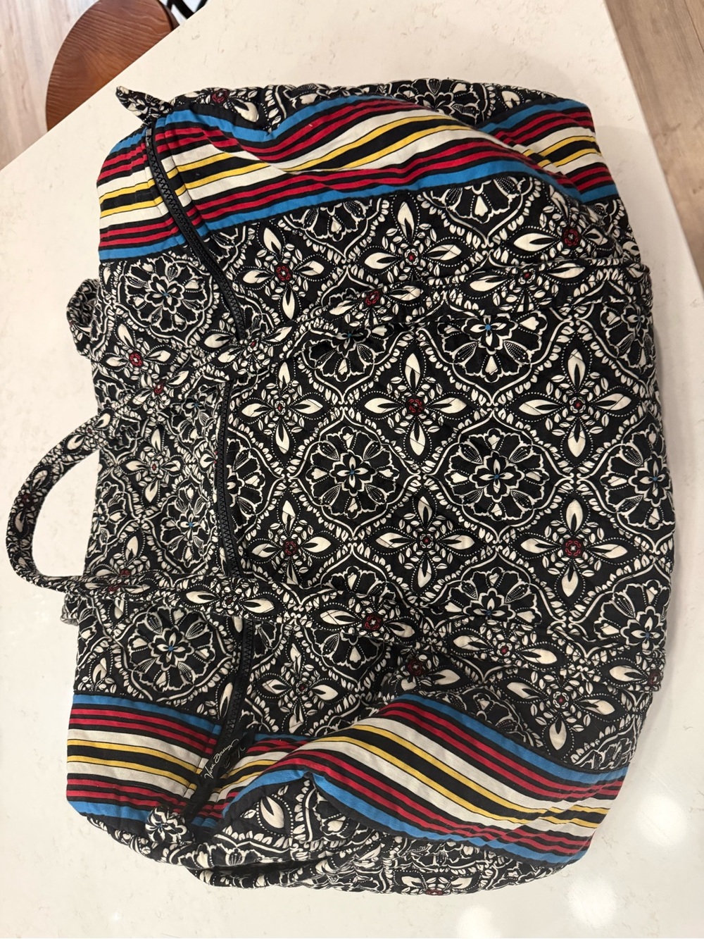 Vera Bradley Black & White Quilted Tote with Multicolor Dot Accents
